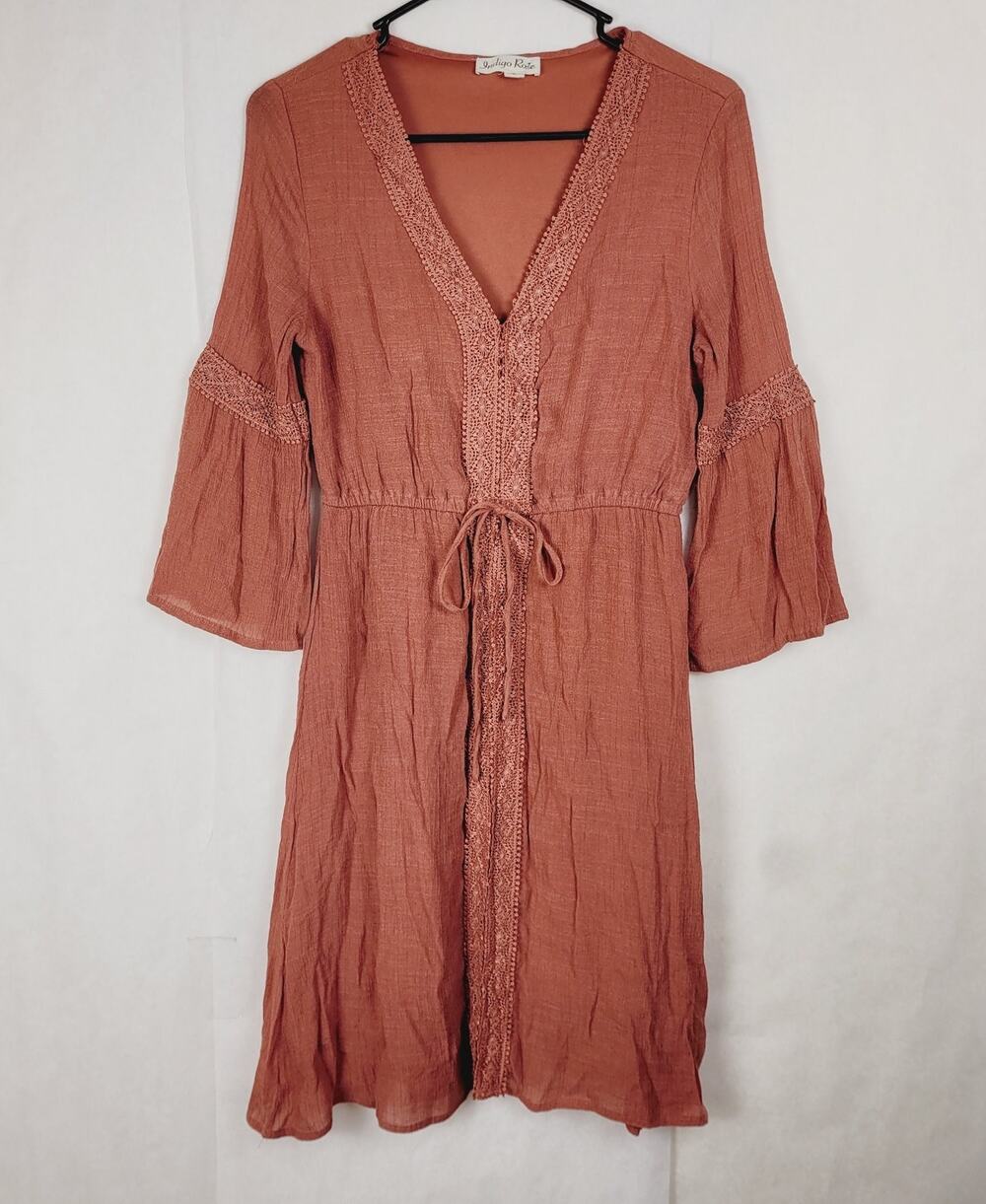 Indigo Rose brown embroidered lace bell sleeve gauzy dress Size Sm Peasant Boho